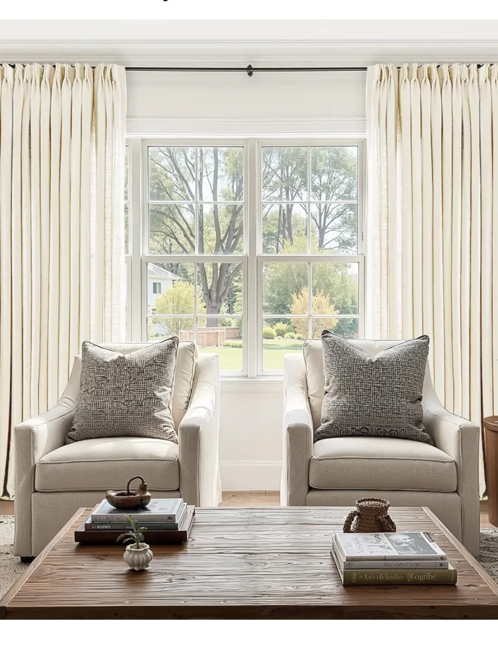 Pinch Pleated Linen Curtains with Hooks & Rings 84” SEMI-SHEER (2-Panels) CREAM